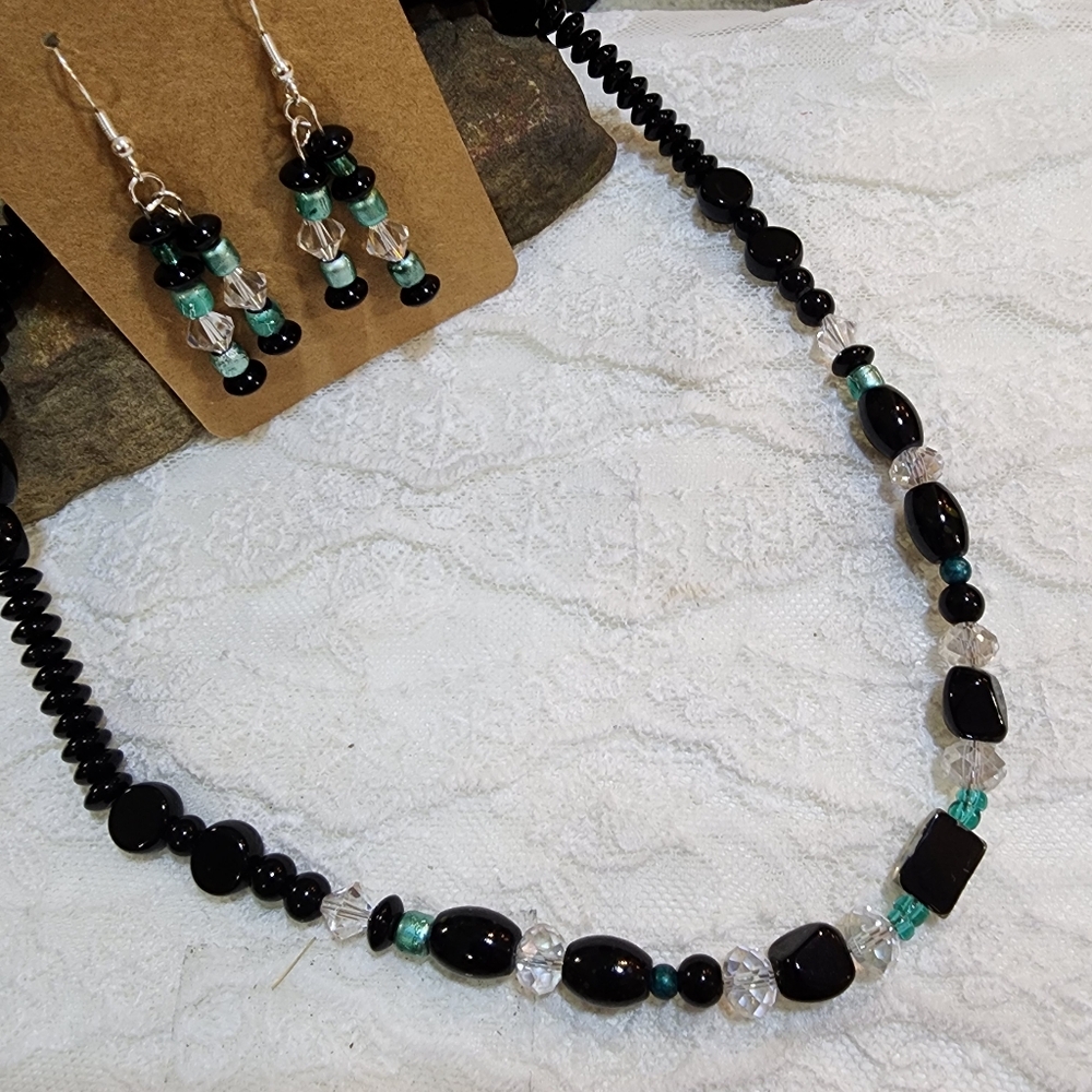 Elegant Black, Teal And AB Glass Beaded Necklace and Earring Set